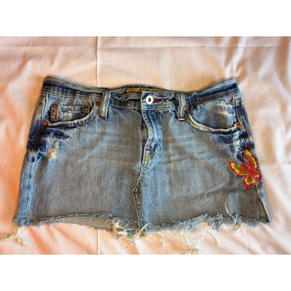 Miss Me Y2K Embroidered Denim Mini Skirt - Butterfly & Floral Detail (Size M)